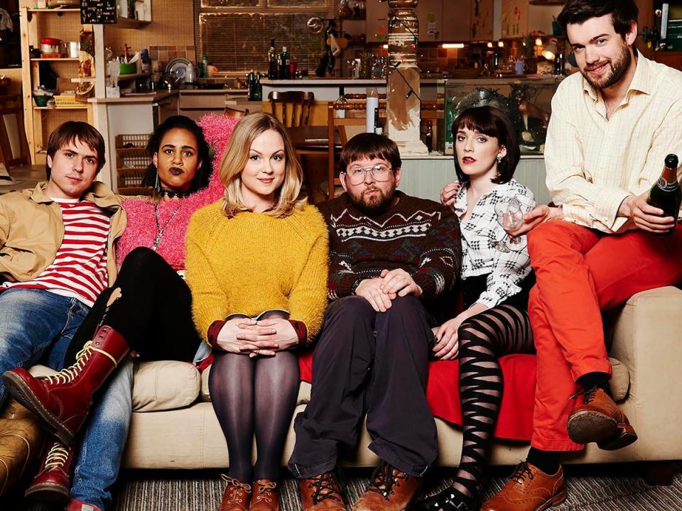 From left to right: Joe Thomas, Zawe Ashton, Kimberley Nixon, Greg McHugh, Ritchie and Jack Whitehall in ‘Fresh Meat’ (Channel 4)