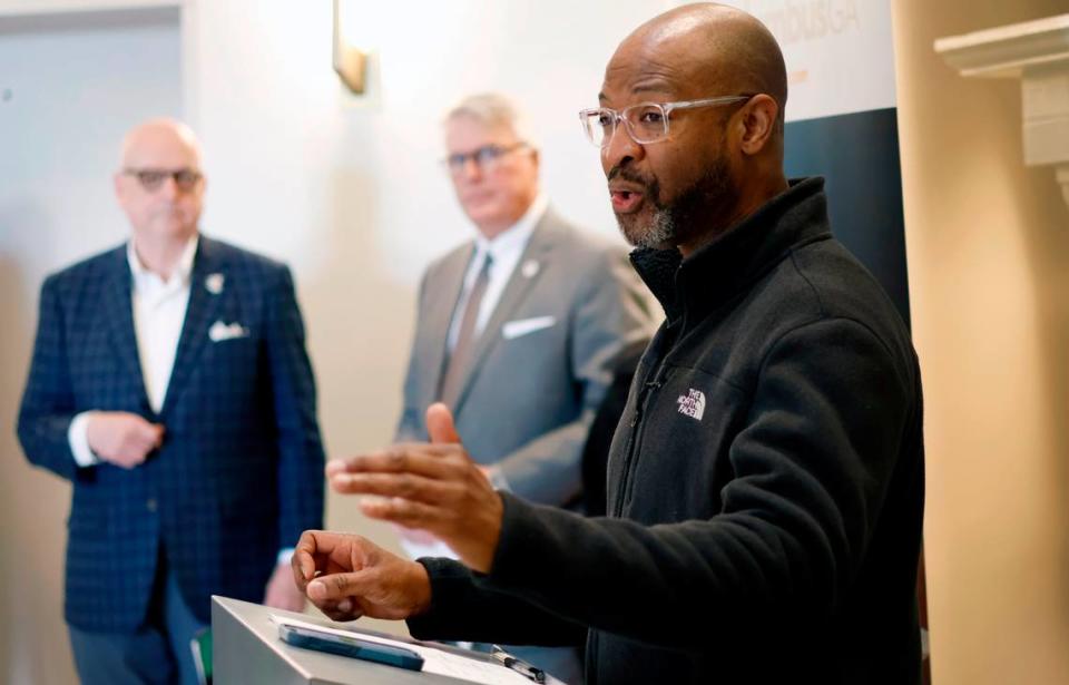 Garrett Townsend, director of public affairs for AAA, The Auto Club Group, speaks during a morning press conference in Columbus, Georgia about a new, free EV road trip guide that educate drivers about electric vehicle ownership while exploring historic civil rights sites in Georgia and South Carolina. 02/07/2024