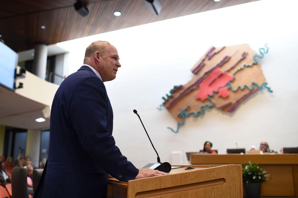 Knox County Mayor Glenn Jacobs speaks to Knox County commissioners April 22 before their vote on Advance Knox.