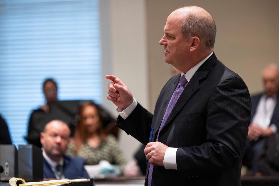 Jan 31, 2023; Walterboro, SC, USA; Defense attorney Jim Griffin cross examines John Bedingham, a gun builder and cousin of Alex Murdaugh, during Murdaugh’s trial for murder at the Colleton County Courthouse on Tuesday, January 31, 2023.  Mandatory Credit: Joshua Boucher/Pool via USA TODAY NETWORK