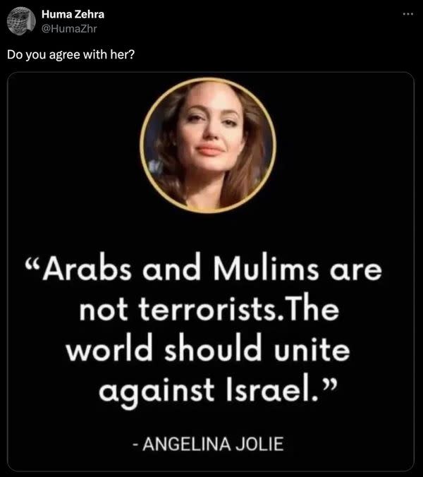 People on social media claimed Angelina Jolie once said the words Arabs and Muslims are not terrorists and that the world should unite against Israel.