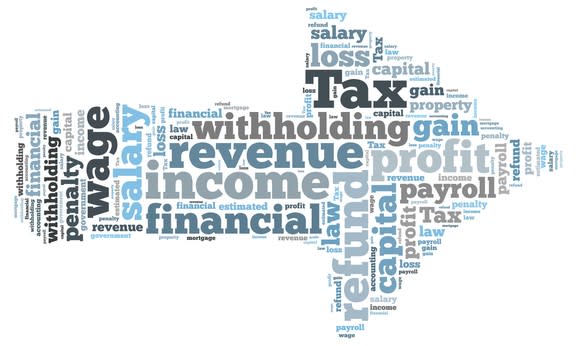 Word cloud shaped like an arrow with tax and withholding related words in it