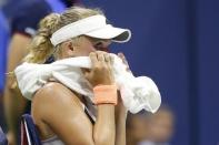 Sep 3, 2015; New York, NY, USA; Caroline Wozniacki of Denmark sits in her chair against Petra Cetkovska of the Czech Republic (not pictured) on day four of the 2015 U.S. Open tennis tournament at USTA Billie Jean King National Tennis Center. Mandatory Credit: Geoff Burke-USA TODAY Sports