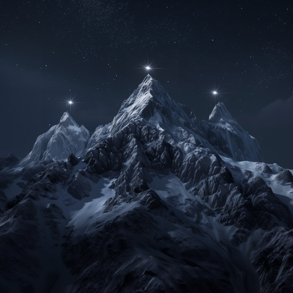 Snow-covered mountain peaks under a starry night sky