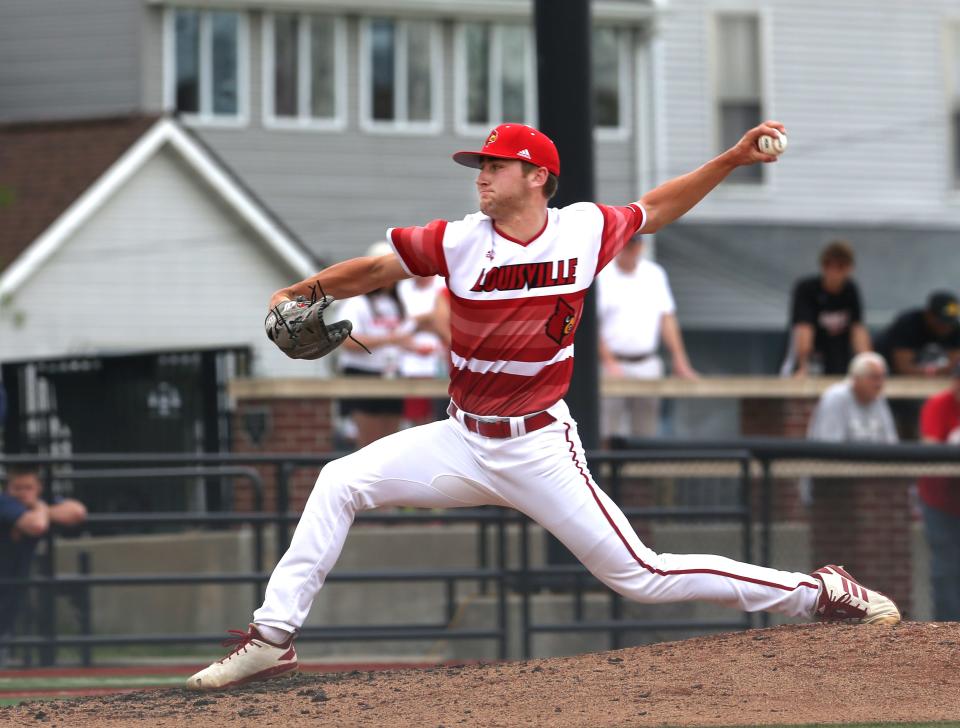 Louisville’s Tate Kuehner pitches against Virginia in the last game of the regular season.May 21, 2022