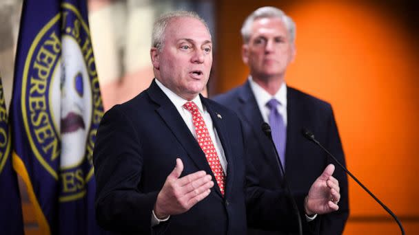 PHOTO: Rep. Steve Scalise speaks as House Minority Leader Rep. Kevin McCarthy attends a press conference at the U.S. Capitol in Washington, Dec. 14, 2022. (Mary F. Calvert/Reuters, FILE)