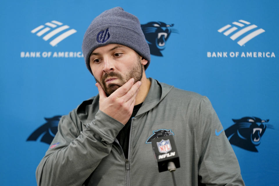 FILE - Carolina Panthers quarterback Baker Mayfield speaks at a news conference after an NFL football game against the Baltimore Ravens, Sunday, Nov. 20, 2022, in Baltimore. A person familiar with the situation says the Carolina Panthers are expected to waive quarterback Baker Mayfield after the 2018 No. 1 draft pick asked for his release. The person spoke to The Associated Press on condition of anonymity because the announcement has not yet been made official. (AP Photo/Patrick Semansky, File)