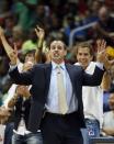 Indiana Pacers head coach Frank Vogel reacts on the sideline in the second half of Game 3 of an NBA basketball first-round playoff series against the Atlanta Hawks, Thursday, April 24, 2014, in Atlanta. The Hawks won 98-85. (AP Photo/John Bazemore)