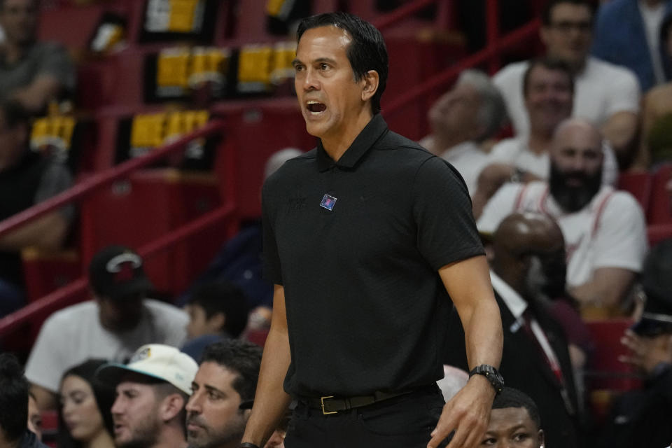 Miami Heat head coach Erik Spoelstra gestures during the first half of an NBA basketball game against the Detroit Pistons, Wednesday, Oct. 25, 2023, in Miami. (AP Photo/Marta Lavandier)
