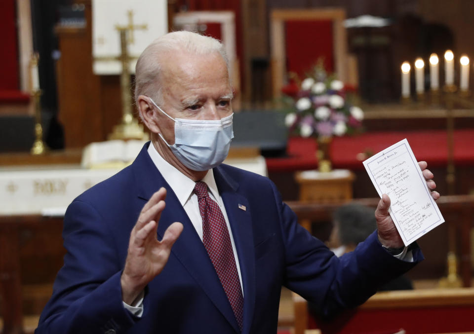 Democratic presidential candidate, former Vice President Joe Biden holds his notes as he speaks to members of the clergy and community leaders at Bethel AME Church in Wilmington, Del., Monday, June 1, 2020. (AP Photo/Andrew Harnik)