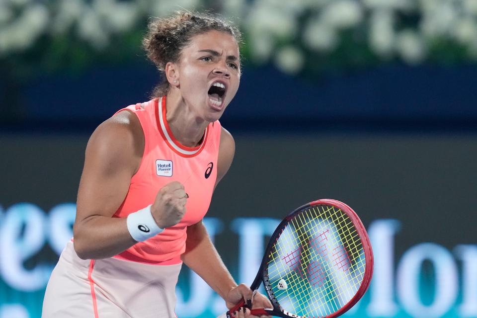 Jasmine Paolini of Italy reacts after winning the second set against Anna Kalinskaya during the final match of the Dubai Duty Free Tennis Championships in Dubai, United Arab Emirates, Saturday, Feb. 24, 2024. (AP Photo/Kamran Jebreili)