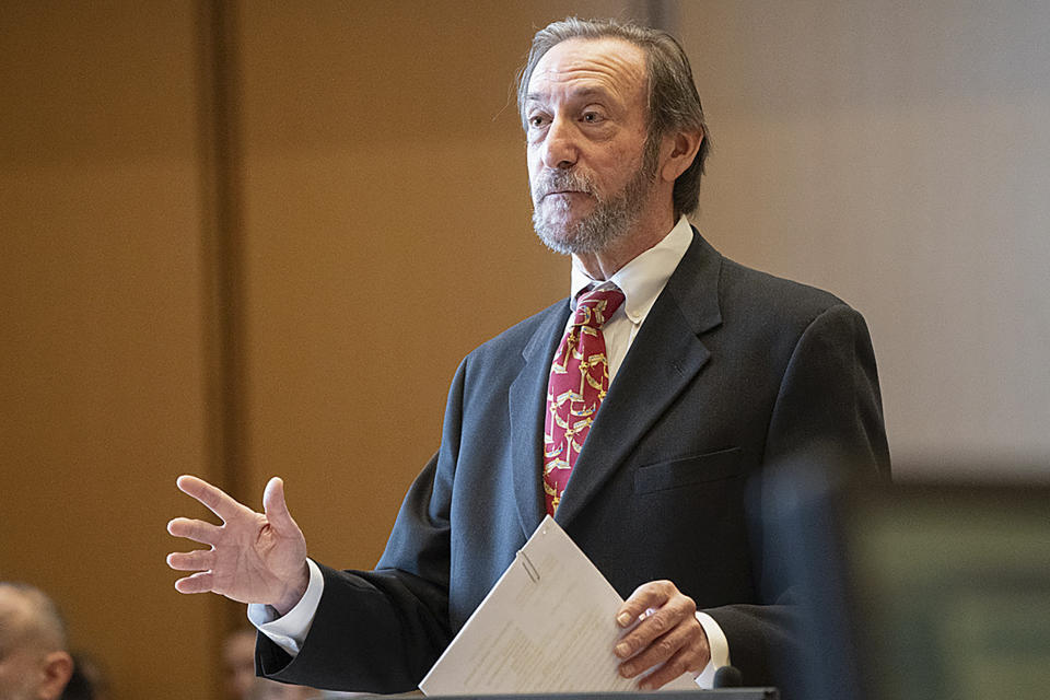 Defense attorney Jon Schoenhorn speaks at the start of trial of Michelle Troconis, Thursday, Jan. 11, 2024, in Stamford, Conn. Troconis is charged in the 2019 killing of mother-of-five Jennifer Dulos. (Richard Harbus/Dailly Mail via AP, Pool)