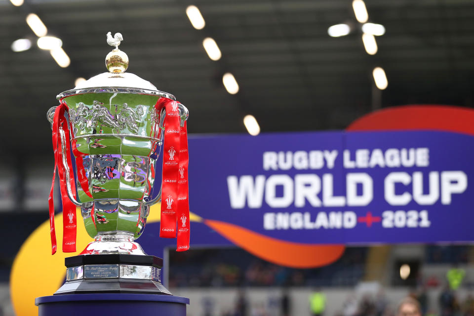 A general view of the Rugby League World Cup trophy  (Photo by George Wood/Getty Images for RLWC)