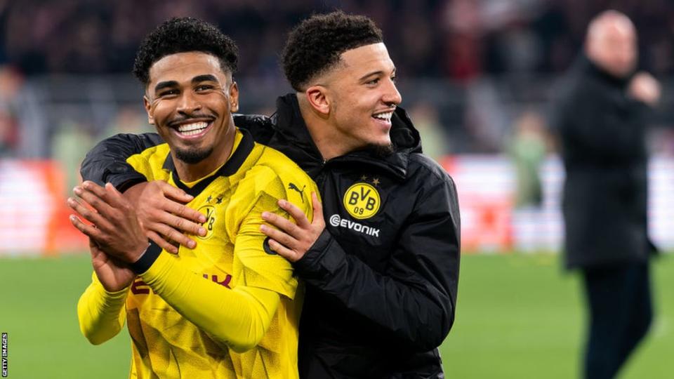 Ian Maatsen celebrates with Jadon Sancho