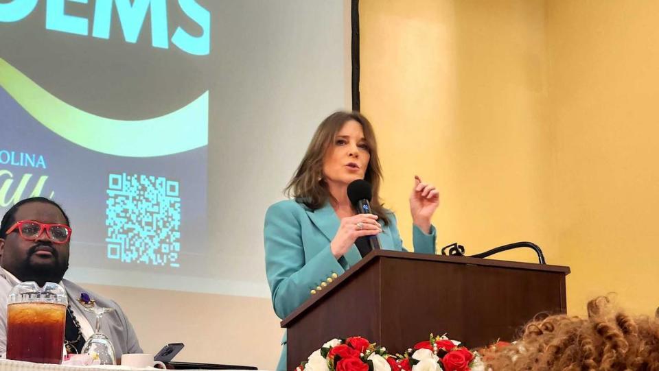 Presidential candidate Marianne Williamson speaks to a crowd of voters during the 2nd annual South Carolina Sunday Dinner, hosted by the S.C. Black Caucus of the Democratic Party on Sun., March 26, 2023.