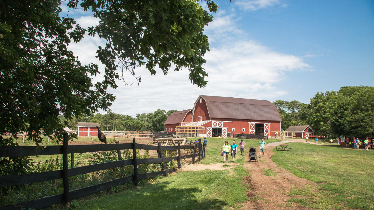 Northville, Michigan / USA - August 10, 2018: Children and families explore the interactive barns, animals, demonstrations and play structures at Maybury Farm on a summer day in Michigan.