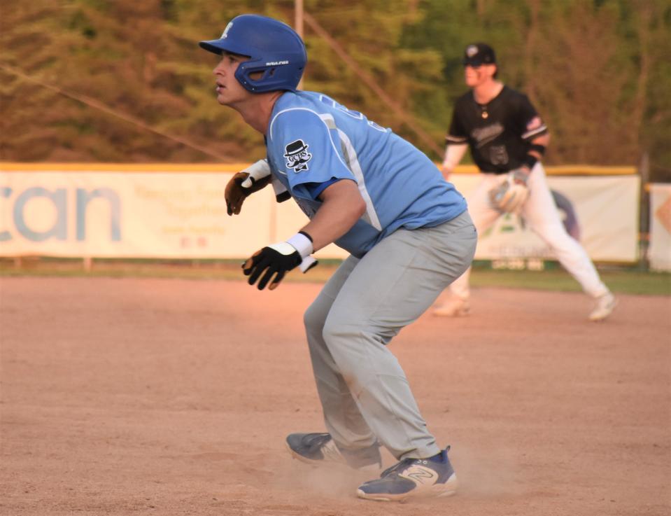 Greg Kopp, a catcher from Hamilton College, takes his lead from first base for the Utica Blue Sox  June 1 during their 2023 PGCBL opener in Little Falls.