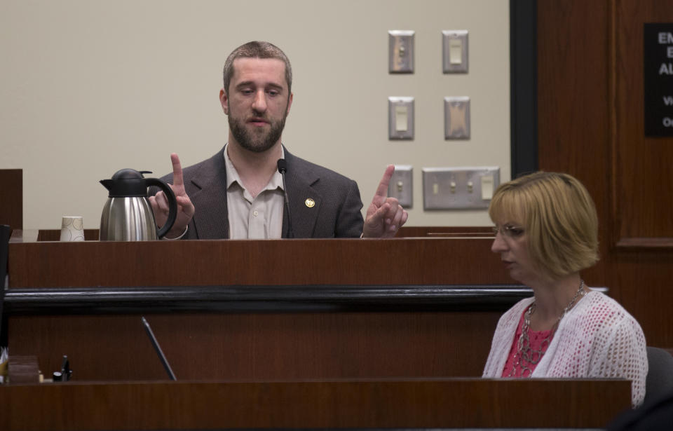 PORT WASHINGTON, WI - MAY 29: Dustin Diamond testifies in the courtroom during his trial in the Ozaukee County Courthouse May 29, 2015 in Port Washington, Wisconsin. Diamond, best known for his role as Screech on "Saved by the Bell," was arrested for possession of a switchblade and charged with reckless endangerment, carrying a concealed weapon and disorderly conduct on December 26, 2014 in Ozaukee County, Wisconsin. (Photo by Jeffrey Phelps/Getty Images)