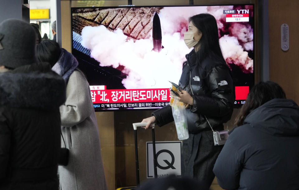 File footage of a North Korean missile launch is broadcast during a news program at the Seoul Railway Station in Seoul, South Korea, Monday, Dec. 18, 2023. South Korea says North Korea has fired another ballistic missile off its east coast. South Korea’s military says in a statement that the launch was made Monday morning but has given no further details, such as how far the weapon flew. (AP Photo/Ahn Young-joon)