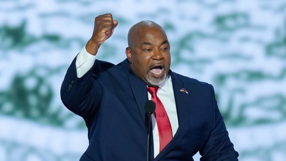  Lt. Gov. Mark Robinson, R-NC., speaking on the first day of the Republican National Convention, July 15, 2024, in Milwaukee. (J. Scott Applewhite/AP)