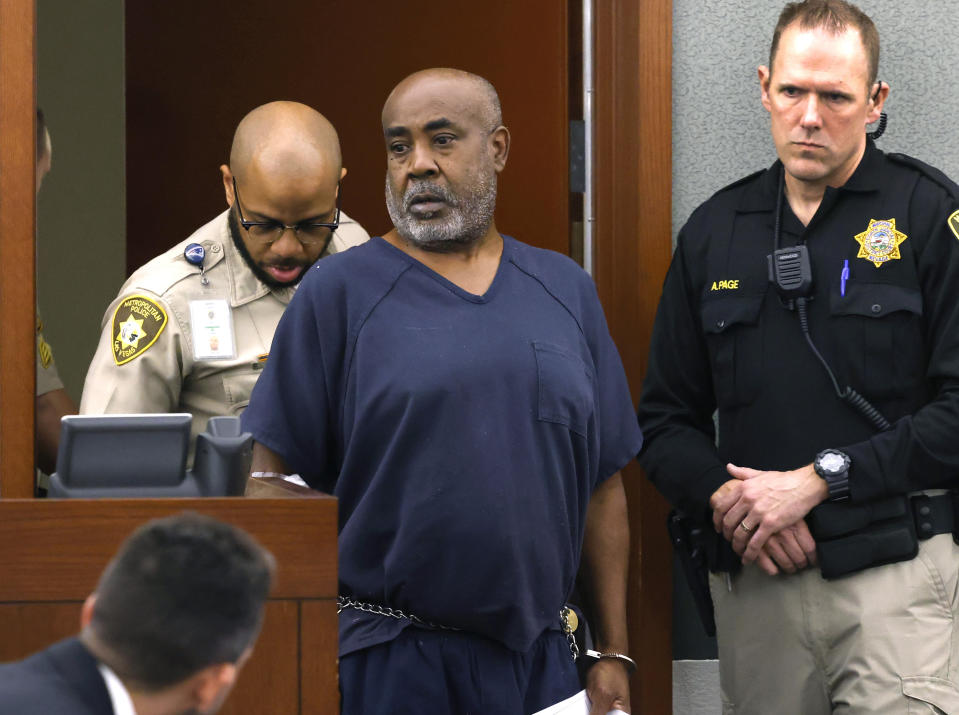 Duane "Keffe D" Davis is led into the courtroom at the Regional Justice Center on Wednesday, Oct. 4, 2023, in Las Vegas. Davis has been charged in the 1996 fatal drive-by shooting of rapper Tupac Shakur. (Bizuayehu Tesfaye/Las Vegas Review-Journal via AP, Pool)