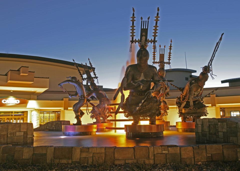 Bronze Crown Dancers statues by Fredrick Peso at The Inn of the Mountain Gods resort and casino, owned by the Mescalero Apache Tribe, in Mescalero, NM.