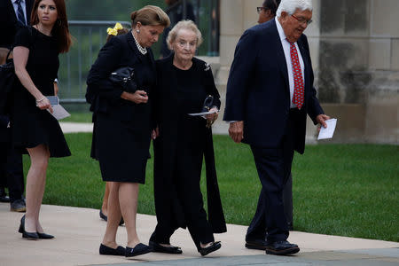 Madeleine Albright arrives for the memorial service of U.S. Senator John McCain (R-AZ) at National Cathedral in Washington, U.S., September 1, 2018. REUTERS/Joshua Roberts