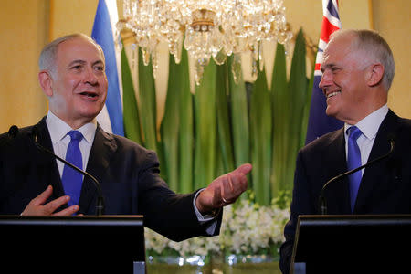 Israeli Prime Minister Benjamin Netanyahu speaks alongside Australian Prime Minister Malcolm Turnbull during their joint news conference at Kirribilli House in Sydney, Australia, February 22, 2017. REUTERS/Jason Reed