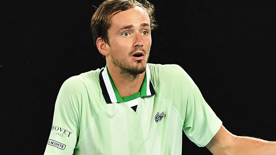 Daniil Medvedev's frustration with the Australian Open crowd appeared to grow during his quarter-final against Felix Auger-Aliassime. (Photo by PAUL CROCK/AFP via Getty Images)