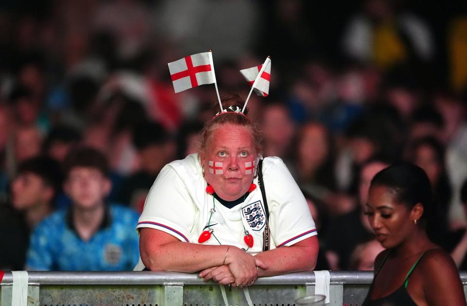England fans at the AO Arena in Manchester watching a livestream of the England vs. Netherlands match. <a href="https://www.gettyimages.co.uk/detail/news-photo/england-fans-at-the-ao-arena-in-manchester-during-a-news-photo/2160896743?adppopup=true" rel="nofollow noopener" target="_blank" data-ylk="slk:Peter Byrne/PA Images via Getty Images;elm:context_link;itc:0;sec:content-canvas" class="link ">Peter Byrne/PA Images via Getty Images</a>