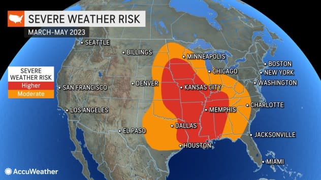 A severe weather map for March to May from AccuWeather.