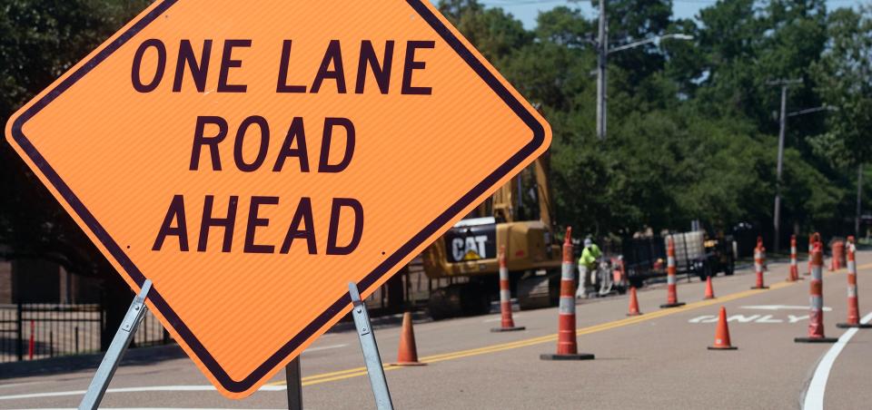 With road work signs, construction barrels and cones dotting the roads of Jackson, Miss, Friday Aug, 4, 2023, work is either ongoing or is marked for future repair.