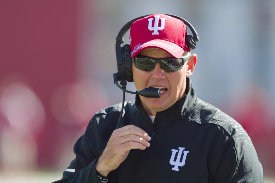 FILE - In this Saturday, Oct. 13, 2018, file photo, Indiana head coach Tom Allen is seen on the sidelines during the second half of an NCAA college football game against Iowa, in Bloomington, Ind. The Big Ten will start playing football at what normally would be midseason. The coronavirus pandemic limited or eliminated most spring practices. Positive COVID-19 tests and precautions, along with uncertainty about whether there would even be a season, caused disruptions in summer workouts and preseason practices. (AP Photo/Doug McSchooler, File)