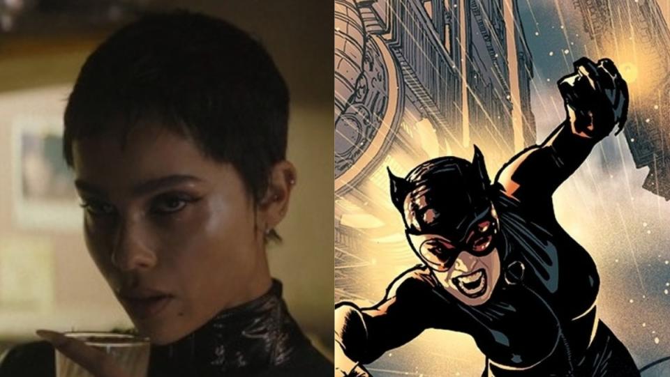 Zoe Kravitz as Catwoman in split photo beside comic catwoman