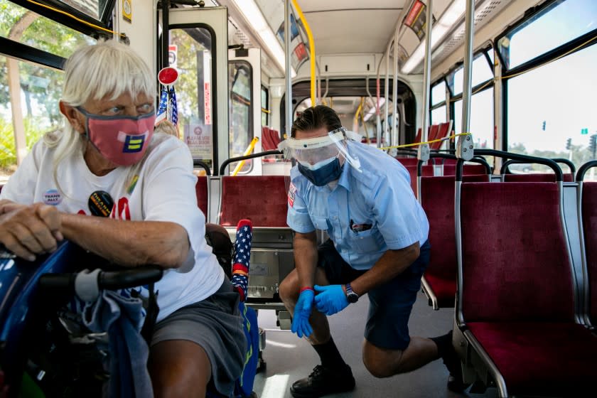 Christopher Castor, 56, pilots the number 7 bus that traverses University Avenue right through the heart of the City Heights neighborhood on June 17, 2020 in San Diego, California.