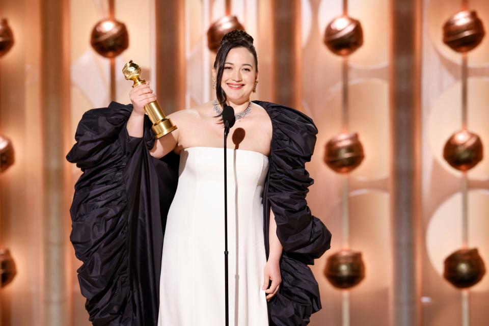 Lily Gladstone accepts the award for best female actor in motion picture - drama for her role in "Killers of the Flower Moon" at the Jan. 7, 2024, Golden Globe Awards.