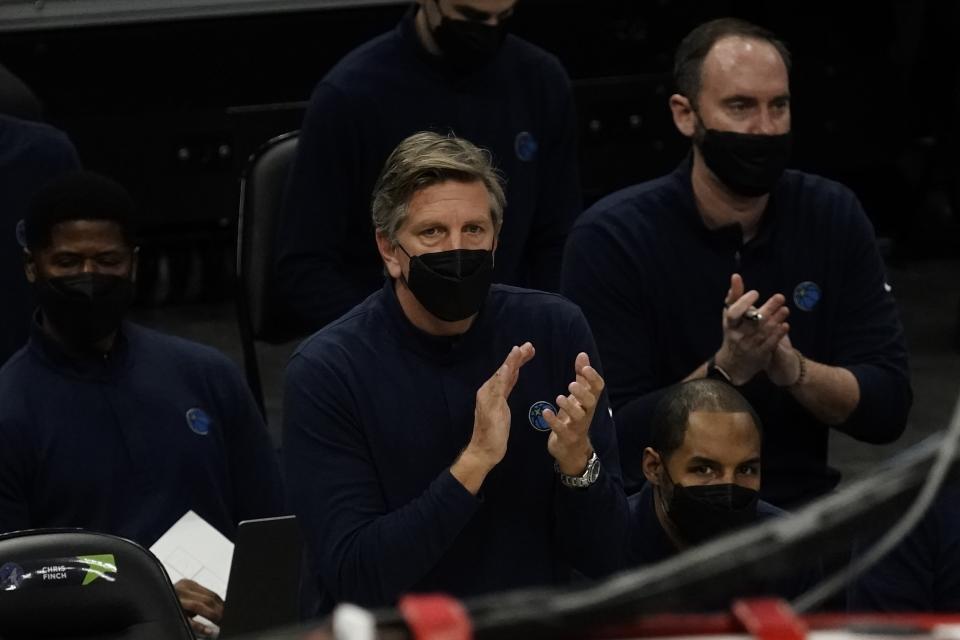 Minnesota Timberwolves head coach Chris Finch reacts during the first half of an NBA basketball game against the Milwaukee Bucks Tuesday, Feb. 23, 2021, in Milwaukee. (AP Photo/Morry Gash)