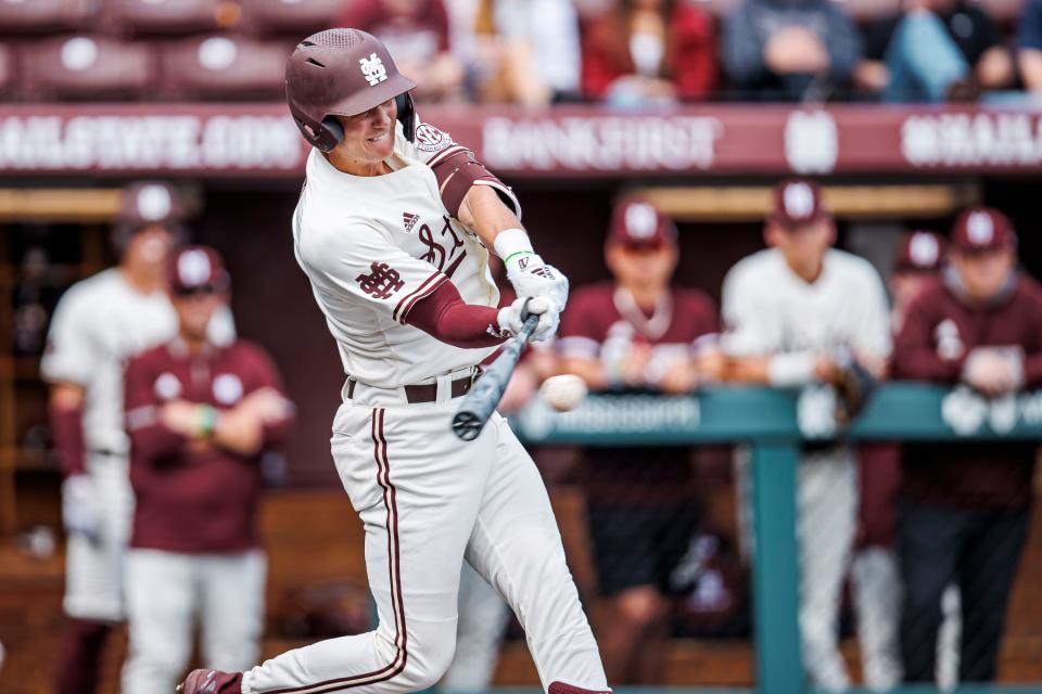 STARKVILLE, MS - February 22, 2022 - Mississippi State Infielder RJ Yeager (#4) during the game between the University of Arkansas at Pine Bluff Golden Lions and the Mississippi State Bulldogs at Dudy Noble Field at Polk-Dement Stadium in Starkville, MS. Photo By Kevin Snyder