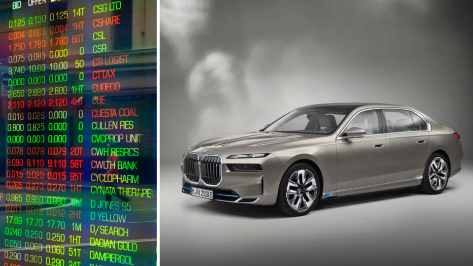 The ASX board showing company price changes and the new 7 Series BMW.