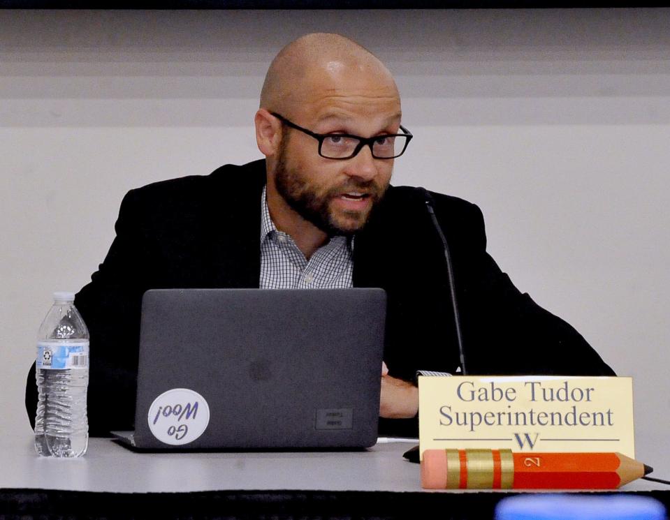 Wooster City Schools Superintendent Gabe Tudor speaks during Tuesday's school board meeting.