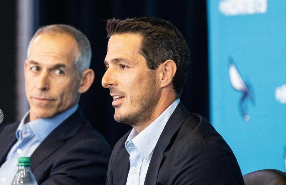The new co-owner of the Charlotte Hornets, Gabe Plotkin, speaks during a press conference at the Spectrum Center in Charlotte, N.C., on Thursday, August 3, 2023 as co-owner Rick Schnall looks on.