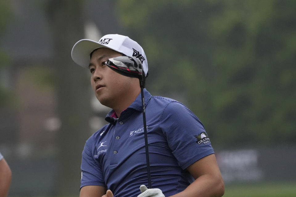 Dylan Wu drives off the second tee during the final round of the Rocket Mortgage Classic golf tournament at Detroit Country Club, Sunday, July 2, 2023, in Detroit. (AP Photo/Carlos Osorio)