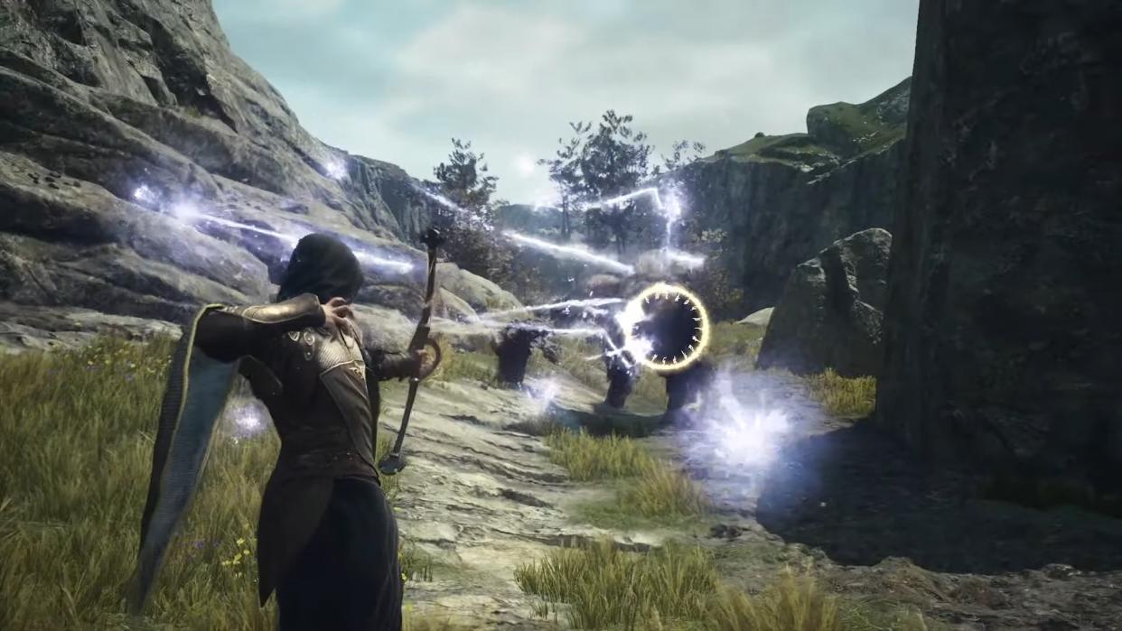  Dragon's Dogma 2 character shoots at an enemy in the distance with magic. 