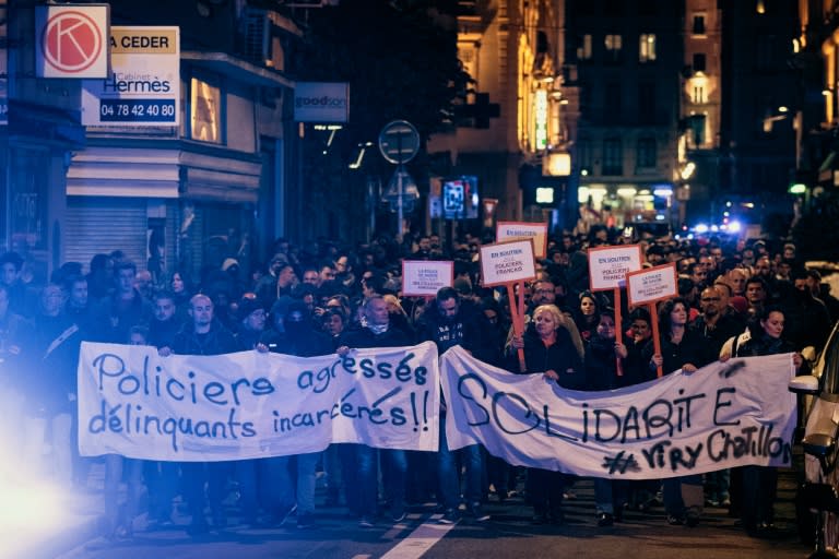 In Lyon, French police officers demonstrate on the streets on October 20, 2016