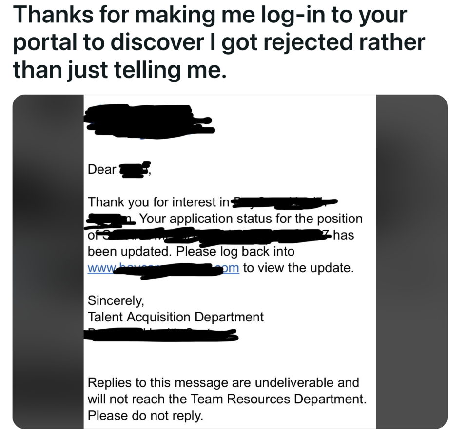 An automated email tells someone their application status has been updated and to log in to access it; after doing so, it says they didn't get the job