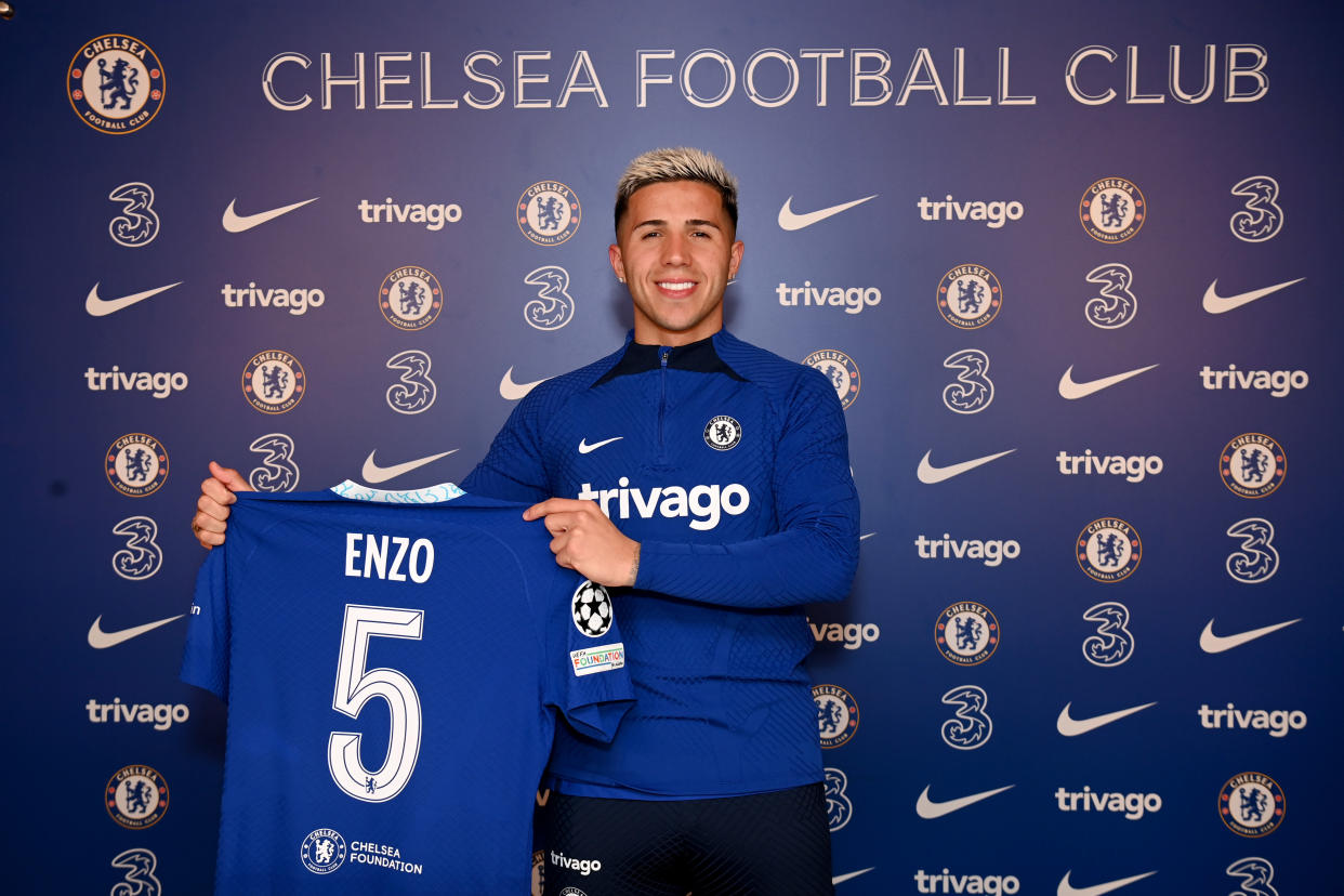 Chelsea unveil new signing Enzo Fernandez at Chelsea Training Ground.