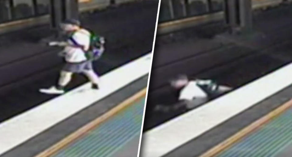 One train passenger was so distracted by his phone, he walked off the platform. Source: 7News