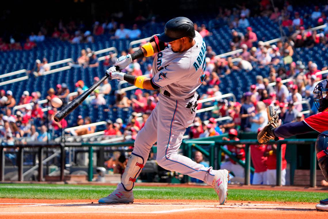 Sep 3, 2023; Washington, District of Columbia, USA; Miami Marlins second baseman Luis Arraez (3) hits a home run against the Washington Nationals during the first inning at Nationals Park.