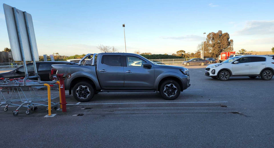 Grey ute parked at shopping centre car park near trolley bay