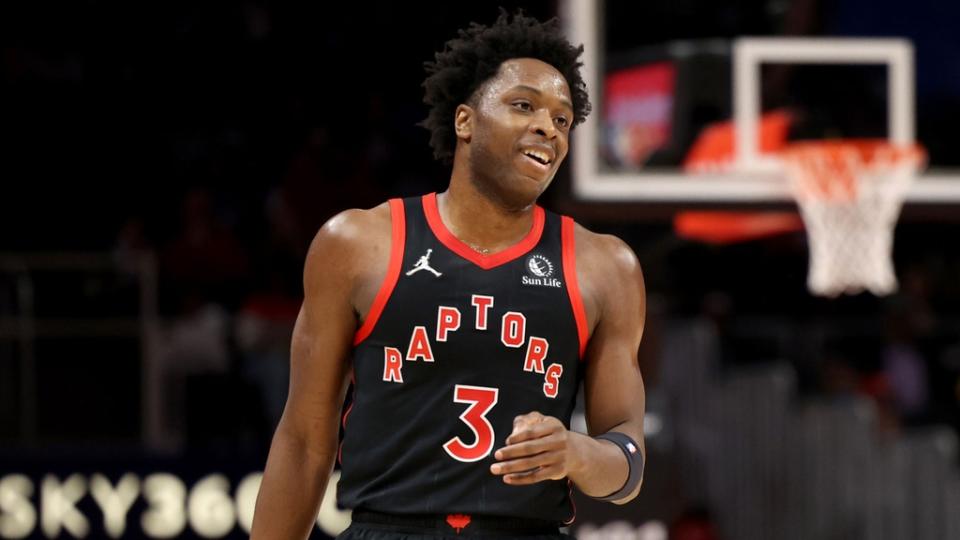 Jan 31, 2022; Atlanta, Georgia, USA; Toronto Raptors forward OG Anunoby (3) reacts after making a basket during the second quarter against the Atlanta Hawks at State Farm Arena.